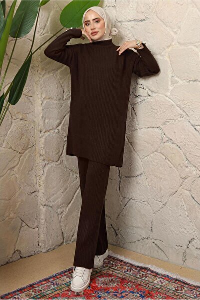 TRENDTESETTÜR WOMEN'S BROWN BUTTON DETAILED TROUSERS Knitwear Suit T 3508