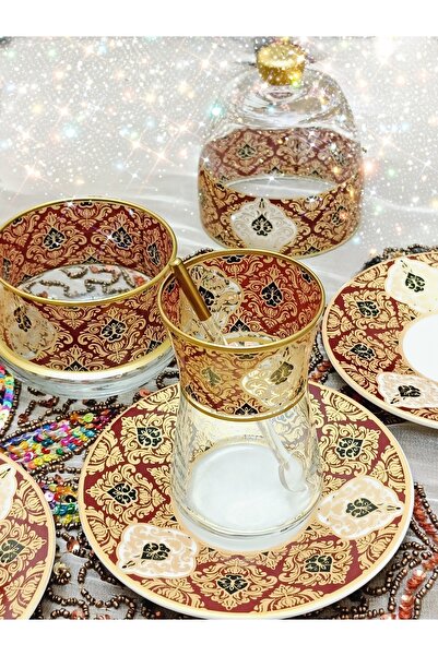 SAMSA Heybeli Gold Burgundy Patterned Glass Porcelain Tea Set 6 Person Tea Set For 6 Persons Premium Porcelain