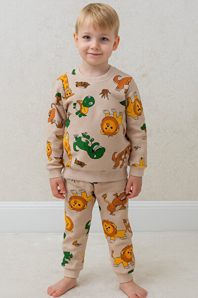 Şekerkids Boy's Beige Color Two Thread Cotton Sha Fleece-Lined Afari Patterned Long Sleeve Winter Pajama Set