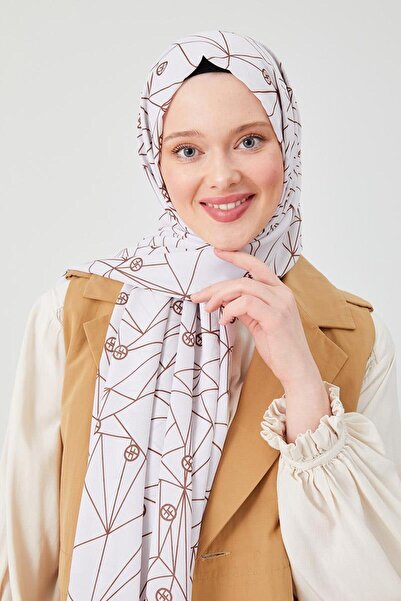 FİVESCARF Chocolate Brown Geometric Pattern Violet Medina Silk Shawl
