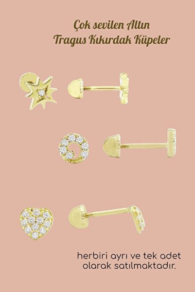 Hepimitu Taşlı Kalp Tragus Piercing Altın Küpe Çocuk Küpesi