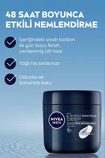 NIVEA MEN Erkek Deep El ve Vücut Bakım Kremi 400ml, 48 Saat Nemlendirici, Yapışkan His Bırakmaz