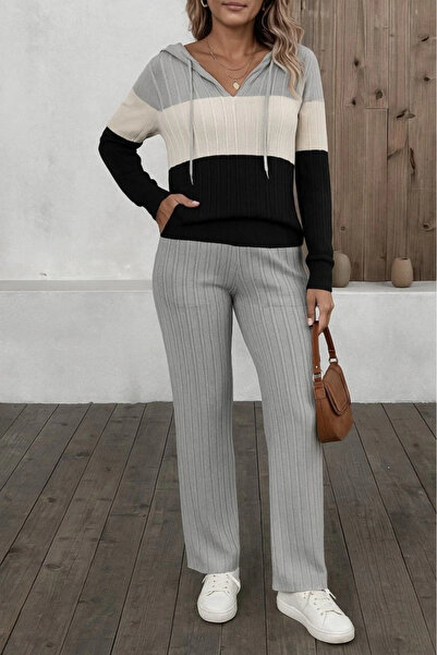 TBL DEKOR Women's Long Sleeve Hooded Lace-Up Block Color-Shaped Camisole Blouse and Pants Double Set