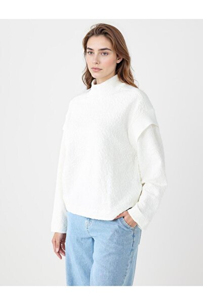 Jimmy Key Екрю Світло-бежева футболка з високим коміром, довгими рукавами та візерунком