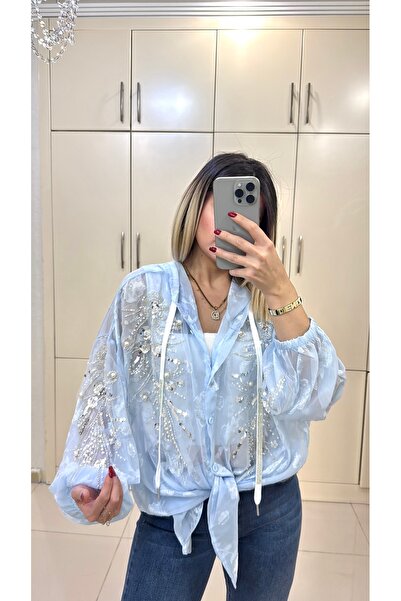 DENİZ İthal Tasarım Boncuk İşleme Detaylı Kapşonlu Gömlek