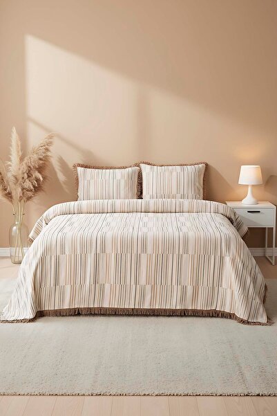 Rivaİstanbul Lia Beige Double 100% Cotton Tassel Bedspread Set 3 Piece Sleep & Dowry Set