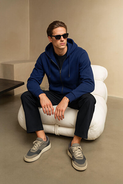 MARKAPIA Men's Zippered Hooded Indigo Sweatshirt with Pockets
