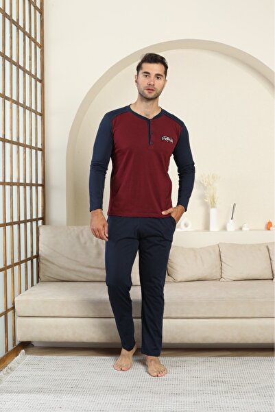 LİLA İÇ GİYİM Men's Combed Cotton Pocketed Pajama Set - Burgundy