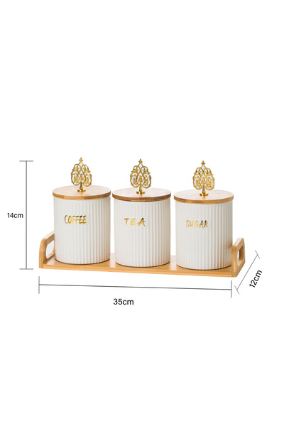 Malooki Set of 3 porcelain containers with lids and bamboo stand – ribbed model