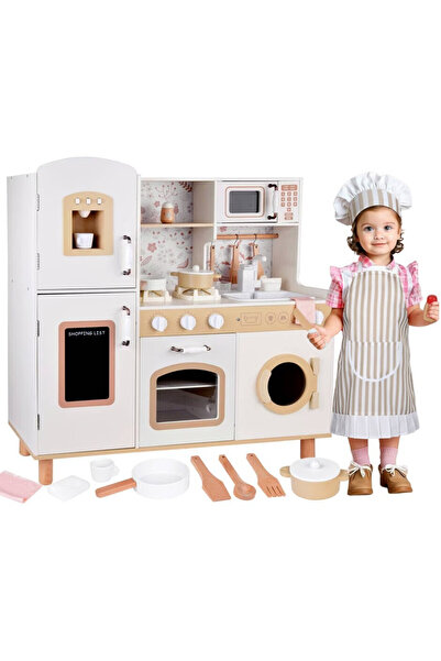 Smart Vibe Set Bucătărie Lemn KinderVibe™ Vintage Floral, Cuptor, Chiuvetă, Arzătoare, Mașină Spălat, Creamy