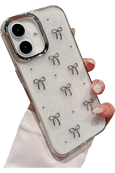 KVK PRİVACY iPhone 16 Plus uyumlu Fiyonk Desenli Şeffaf Kılıf Simli Darbeye K...