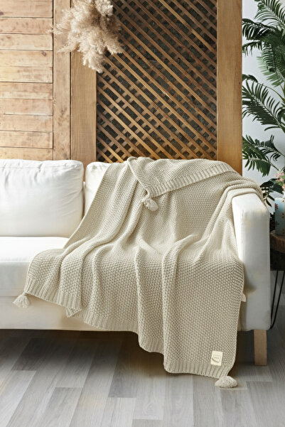 Miespiga Coco Rice Knitted Knitwear TV Blanket Throw Ecru Knitted Sofa Shawl with Pompom
