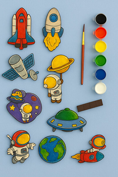 KİDEWO Uzay Roket Ahşap Boyama Etkinlik Seti Eğitici Çocuk Aktivite + Fırça + Akrilik Boya Kreş Okul Öncesi