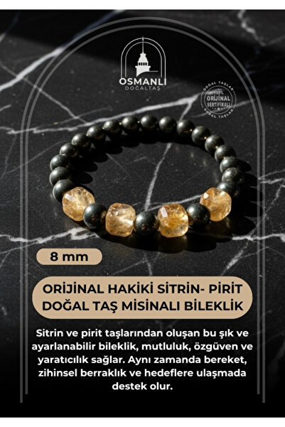 OSMANLI DOĞAL TAŞ Sertifikalı Orijinal Hakiki 8mm Sitrin - Pirit Doğal Taş Mi...