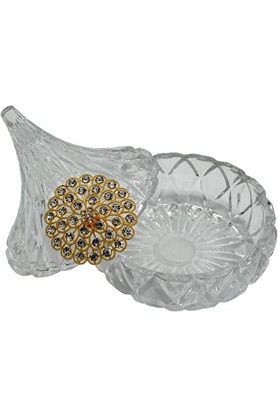 B&D Crystal-Style Decorative Bowl with Gold Crystal-Adorned Lid, Diamond Pattern (Transparent)