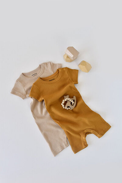BabyCosy Set of 2 short-sleeved cotton and modal jumpsuits - Mustard/Salmon, ...