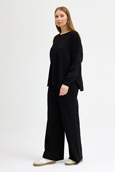 MODAMERSİ Women's Black Crew Neck Sweater-Pants Knitwear Set