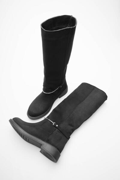 Mubiano Women's Suede Pull-On Boots with Gold Buckle Black Rionna