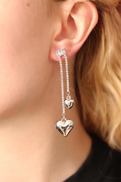 YİĞİTKARANAKSESUAR ÇELİK GÜMÜŞ RENK TAŞLI BOMBE KALPLİ SALLANTILI KÜPE