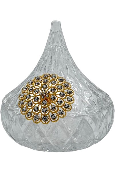 B&D Crystal-Style Decorative Bowl with Gold Crystal-Adorned Lid, Diamond Pattern (Transparent)