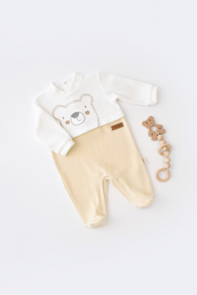 BabyCosy Long-sleeved teddy bear jumpsuit with booties made of 80% cotton and 20% polyester - Cream,