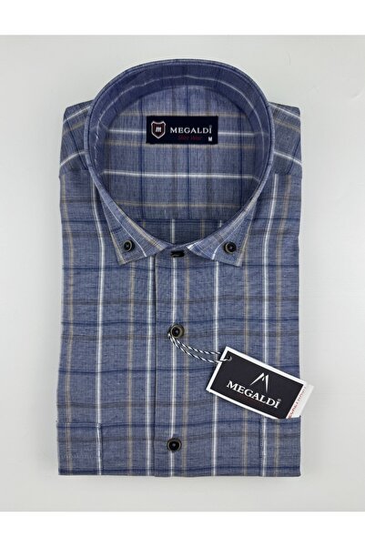 MEGALDİ Erkek Klasik Kesim Ekose Çift Cepli İndigo Uzun Kollu Gömlek