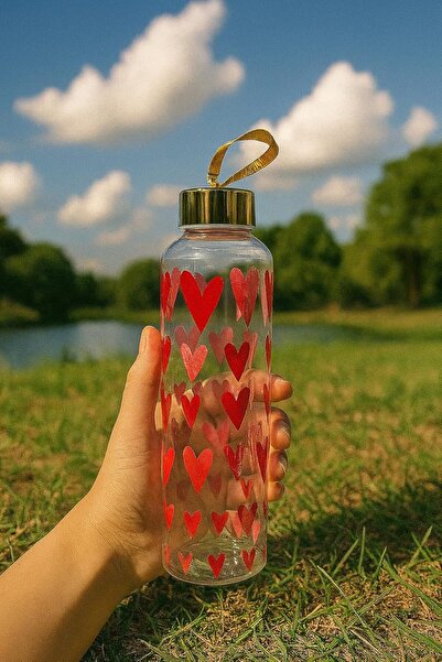 B&D Glass Water Bottle with Red Heart Pattern, 100 ml, Gold Cap, Travel Size