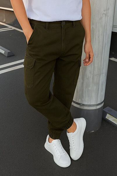 DAMGA JEANS Erkek Lastikli Yüksek Bel Haki Taktik Kargo Pantolon