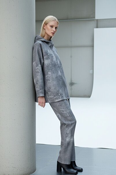 Kübra Tekstil Women's Gray Patchwork Patterned Oversized Pocket Zippered Hooded Slim Jacket - Women's Jacket