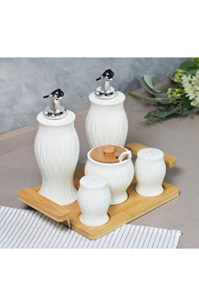 Şener Mutfak Seti Bambu Standlı 5li Tuzluk Yağlık Baharatlık Seti