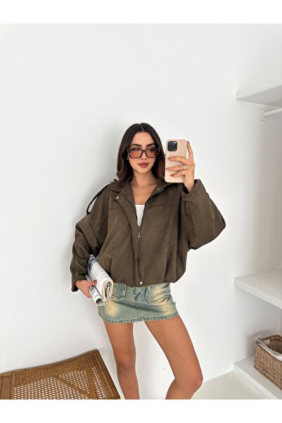 sportiness Epaulet Detailed Bomber Oversized Suede Jacket
