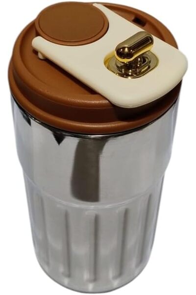 B&D Vacuum Insulated Stainless Steel Coffee Cup, 460 ml, Faceted Design, Brown Lid