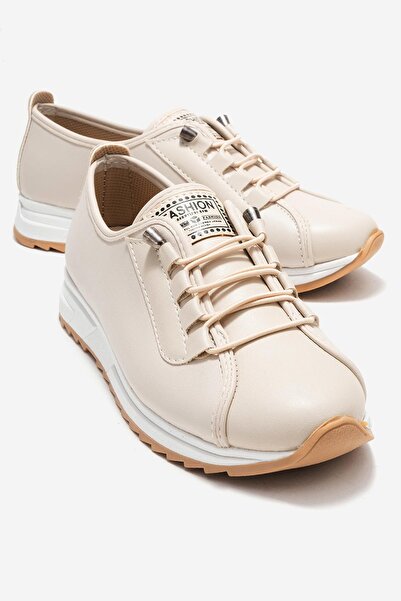 CCWAY AYAKKABI Pantofi de damă cu talpă moale și șireturi din cauciuc PIELE BEJ