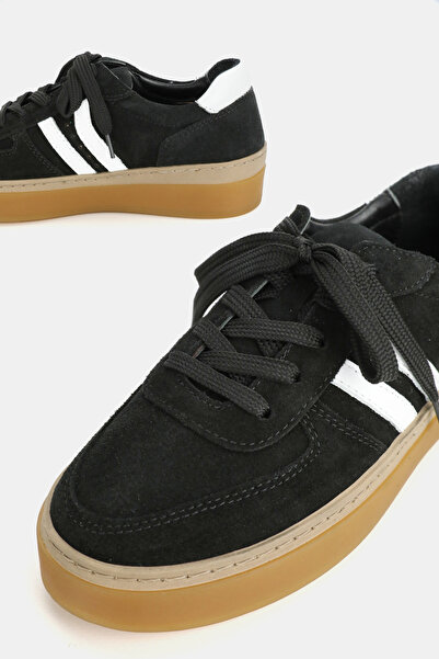 TUNAELLİ Women's Black Suede Genuine Natural Leather Size 36-41 Lace-Up Sneaker Shoes