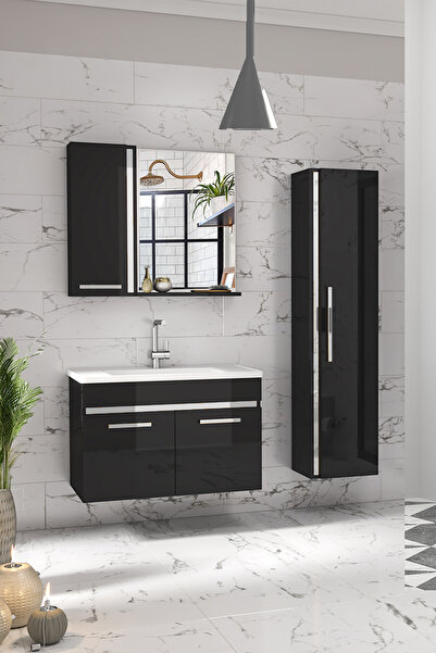 Alfa Banyo Gold Siyah Gri (80+35) 115 cm Mdf-Boy Dolaplı Lavabolu Banyo Dolabı Seti-Hazır Kurulu-