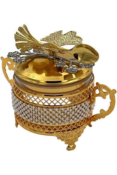 B&D Decorative Date Bowl with Pearlescent Accents, Gold Metal Stand & Decorative Lid