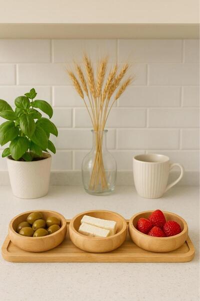 Akkoyunlu home 3-Piece Bamboo Stand Plate Set with Sauce Bowl, Jam Bowl and S...