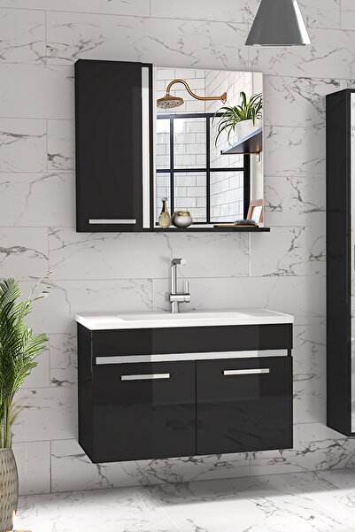 Alfa Banyo Gold Siyah Gri 80 cm Mdf-Lavabolu Banyo Dolabı Seti-Hazır Kurulu-