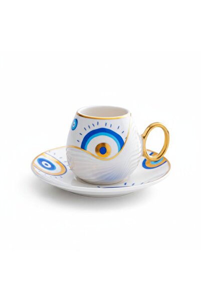 FAIR HOME Evil Eye Nazar Boncuğu Desenli 6 Kişilik Porselen Kahve Fincan Takımı