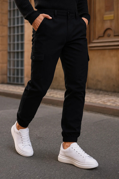 DAMGA JEANS Men's Trend Elastic High Waist Black Cargo Pants