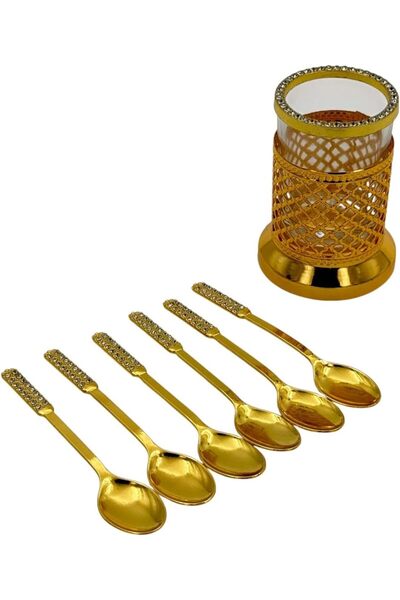 B&D طقم ملاعق قهوة فاخر مطلي بالذهب، مكون من 7 قطع، مع حامل مزخرف ومقابض من الكريستال
