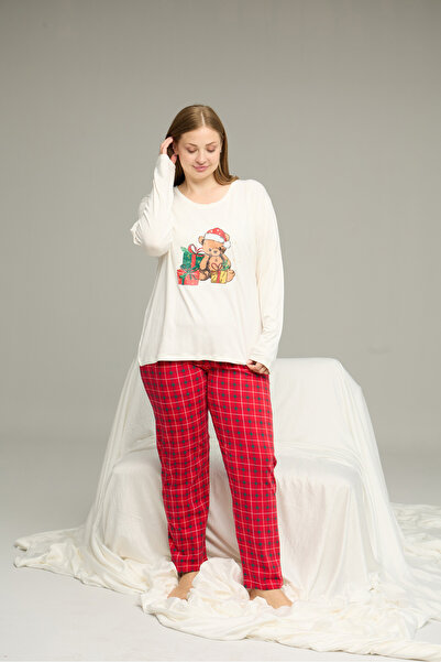 Siyah İnci Ecru Patterned Curve Plus Size Oversized Cotton Pajama Set 25240768