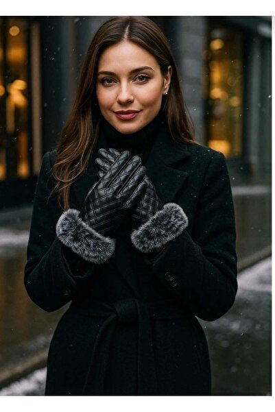 Zeynep Keskin Design Kadın Deri Kapitone Kürk Detaylı Siyah Eldiven