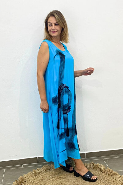 Mia Butik Women's Italian Voile Cotton Printed Tassel Detailed Blue Dress