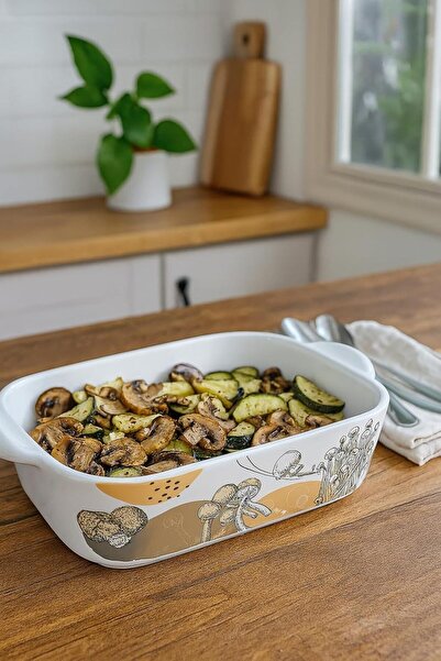 B&D Ceramic Baking Dish with Mushroom Design, White, Rectangular Casserole with Handles, 25 cm