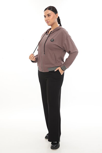 EXİTLİNE Women's Winter Zippered Hooded Custom Logo Mink Color Sweat Shirt Tracksuit Set