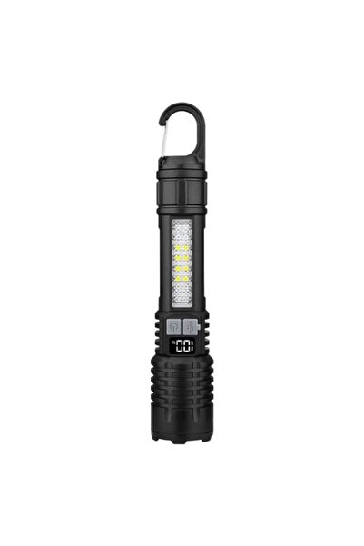 OEM Rechargeable LED flashlight, battery percentage display, 5 modes, zoom, side COB, 19.1×3.6 cm