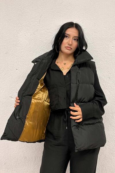 MİSSKAYLE Μαύρο φουσκωτό γιλέκο με επένδυση καφέ