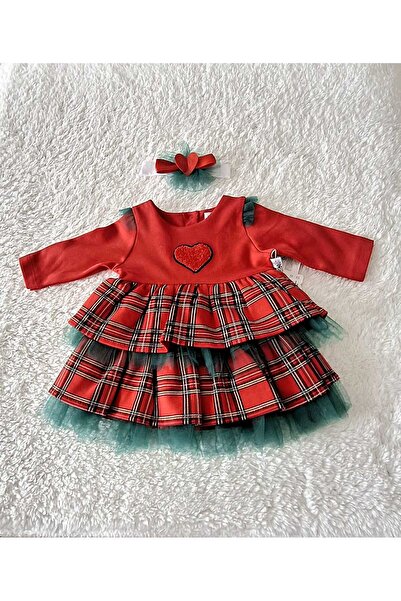 baby angelic 💖 Ekoseli kalp detaylı tüllü kız bebek elbise