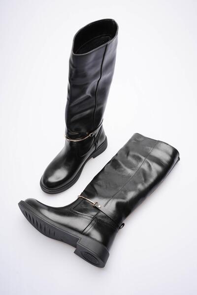 Mubiano Women's Leather Pull-On Boots Gold Buckle Black Rionna